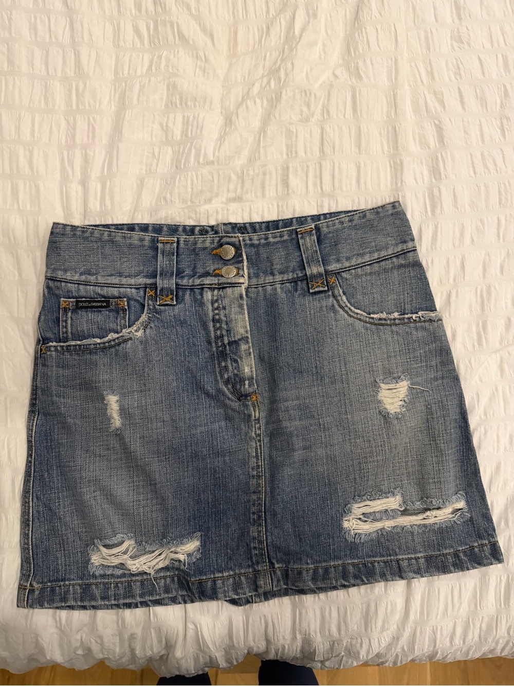 Dolce & Gabbana Distressed Light Blue Denim Mini Skirt